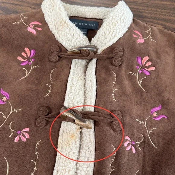 Relativity Womens Large Pre-Owned Faux Suede Brown Embroidered Sherpa Lined Vest - Picture 12 of 17